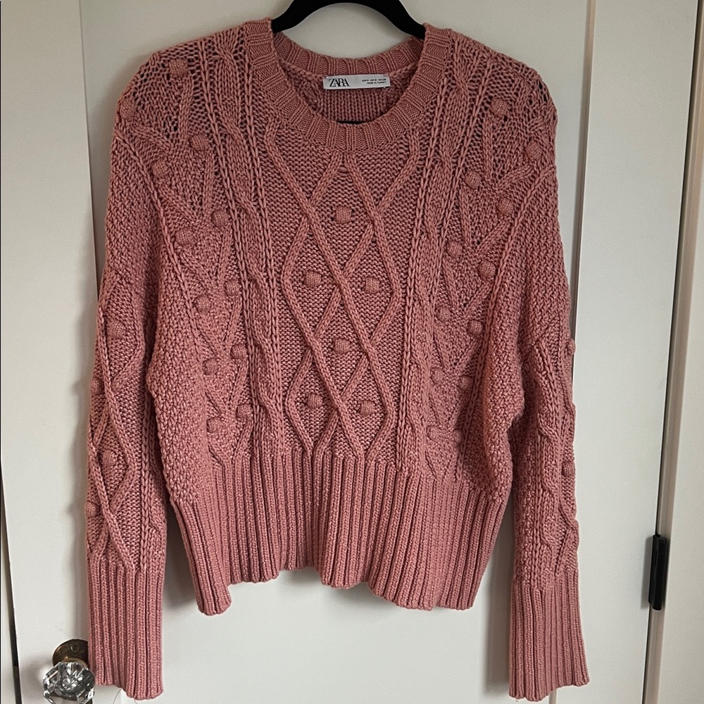 🪅Zara Pink Cable Knit Cotton Oversize Crewneck Sweater Small - Picture 4 of 9